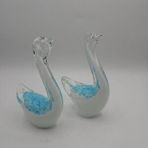 Vintage Art Glass Swan Pair White Light Blue Glass Figurines Paperweight Decor